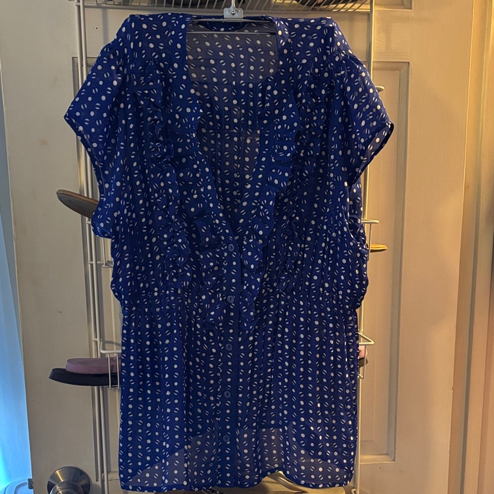 NY Collection blue and White Polka Dot Blouse
